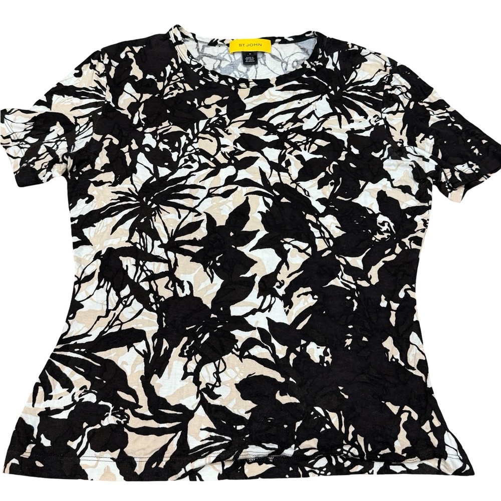 ✨ St. John Black White Tan Floral Short-Sleeve‎ Top Size M